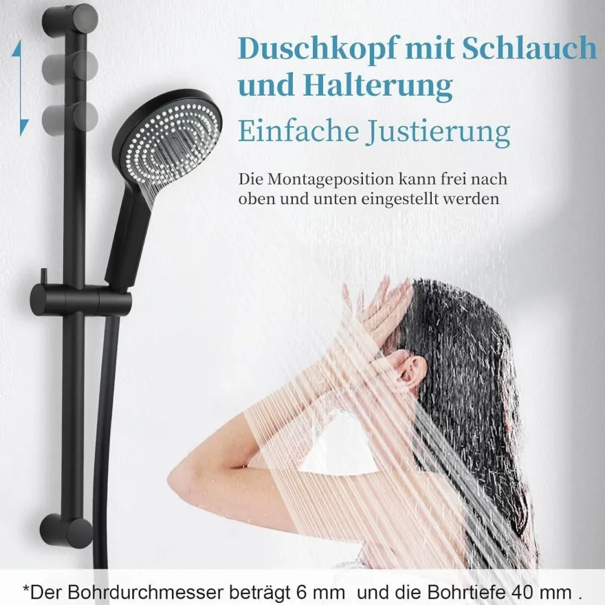 OFFO Duschset 70cm mit 6-Funktions-Handbrause, 1,6m Schlauch und verstellbarer