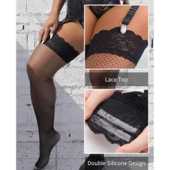 ohyeahlady Damen Halterlose Netzstrümpfe L-XXL Schwarz, Große Größen, Spitze
