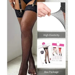 ohyeahlady Damen Halterlose Netzstrümpfe L-XXL Schwarz, Große Größen, Spitze