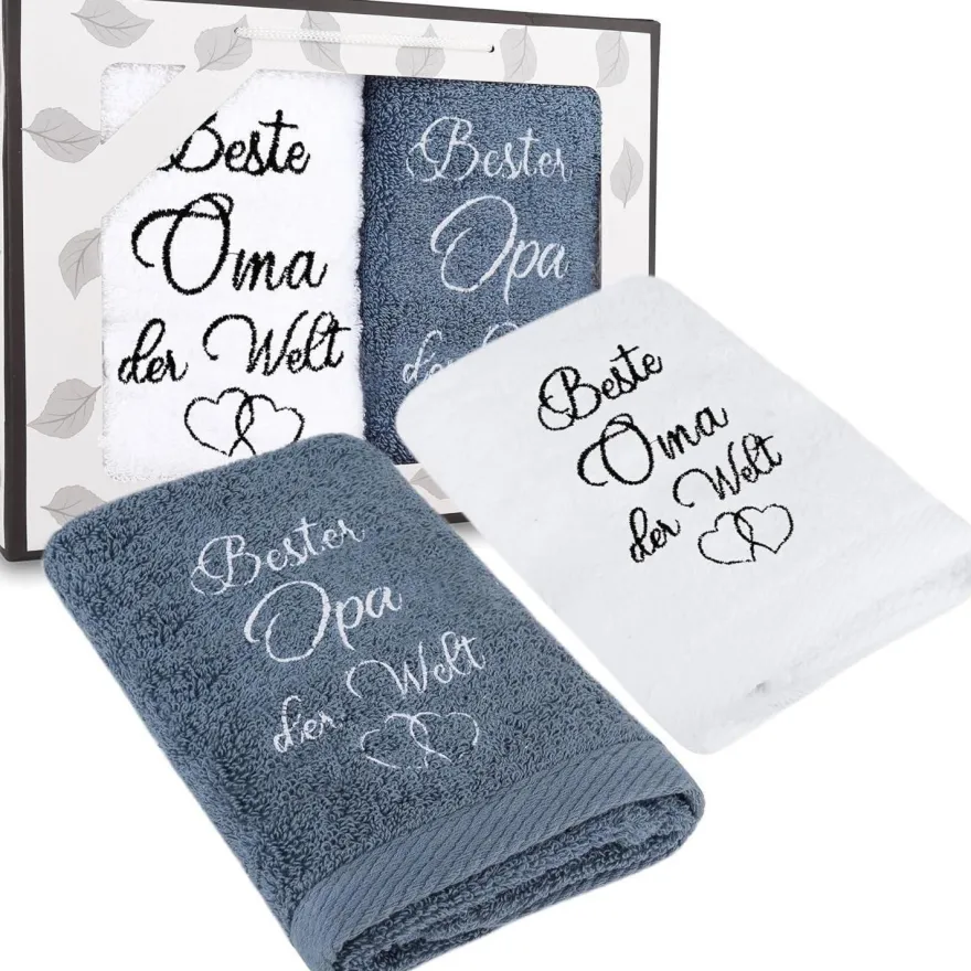 Oma Opa Handtuch Set 2 Stück 35 x 75 cm Geschenkbox Bestickte Geschenke