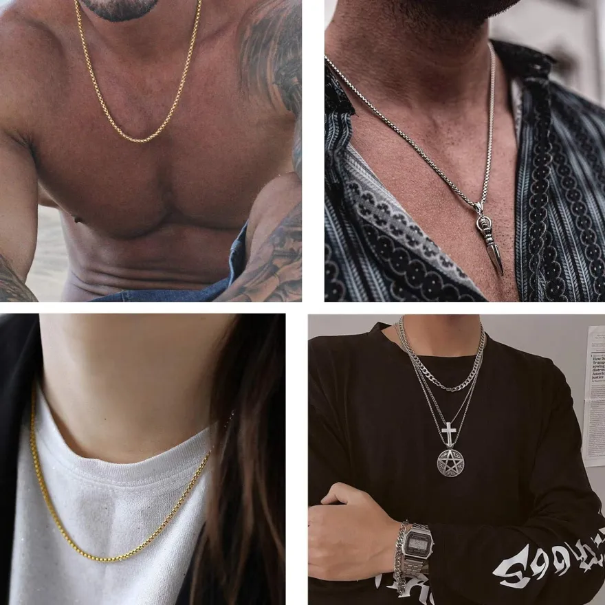 OSTAN Herren Damen Edelstahl Silber Box Kette Venetian Link Collier Halskette