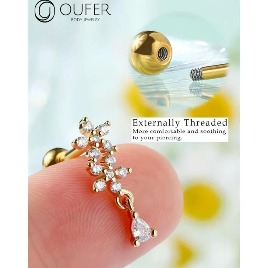 OUFER 16G Dangle Helix Conch Tragus Studs CZ Gold Silber Cartilage Earring