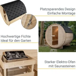 Outdoor Holz Fasssauna Saunafass 4 Größen Komplett SET mit Sauna Ofen + LED + Zubehör
