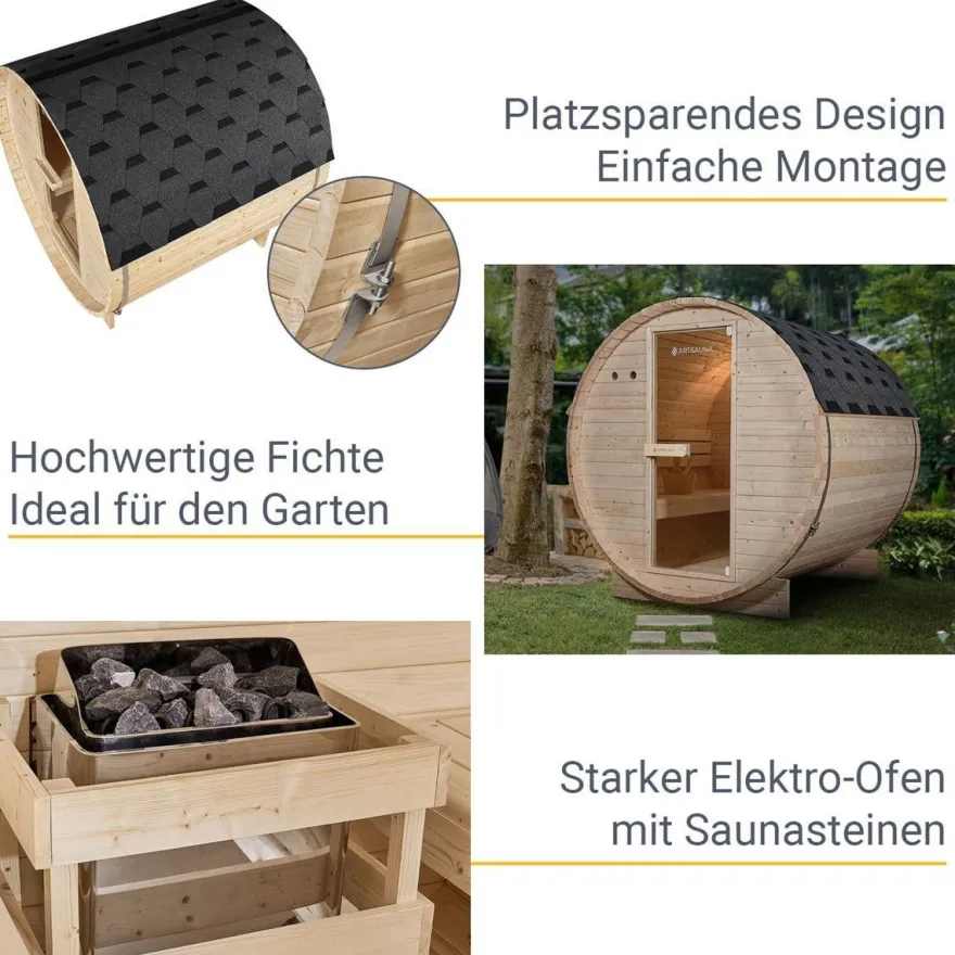 Outdoor Holz Fasssauna Saunafass 4 Größen Komplett SET mit Sauna Ofen + LED + Zubehör