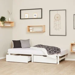 Palettenbett 90x200 cm mit Bettkasten 2er Set Lattenrost Massivholzbett Weiß Palet