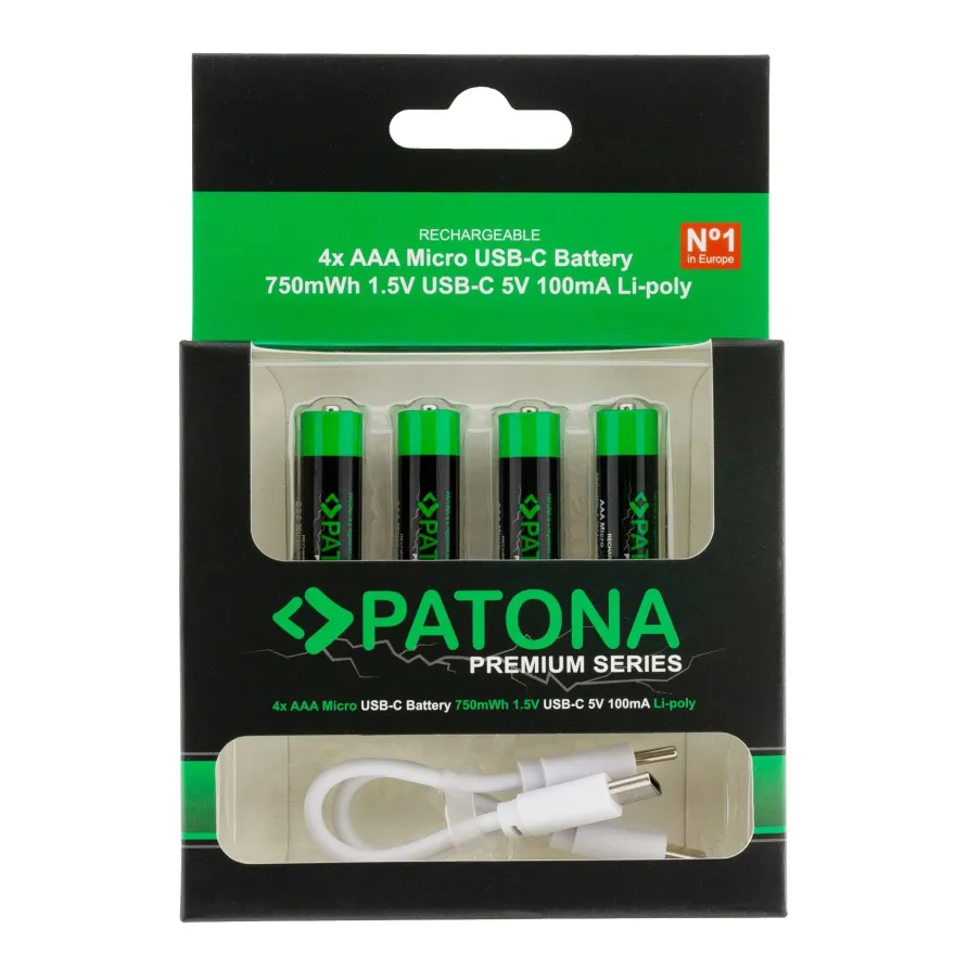 PATONA Premium USB-C 4x AAA Akkus Lithium 1.5V 750mWh mit 1 zu 2 USB-C Ladekabel