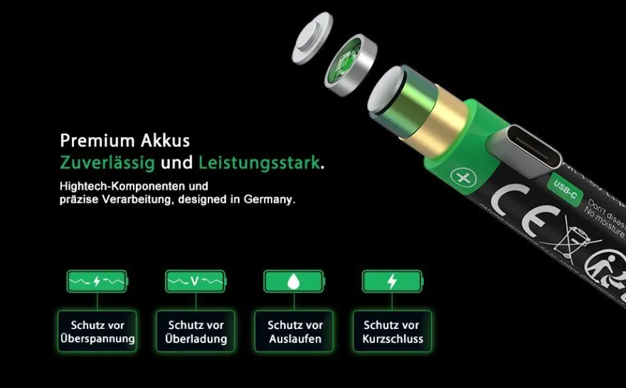 PATONA Premium USB-C 4x AAA Akkus Lithium 1.5V 750mWh mit 1 zu 2 USB-C Ladekabel