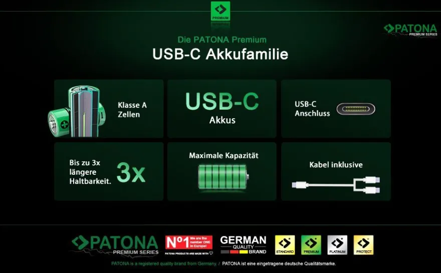 PATONA Premium USB-C 4x AAA Akkus Lithium 1.5V 750mWh mit 1 zu 2 USB-C Ladekabel