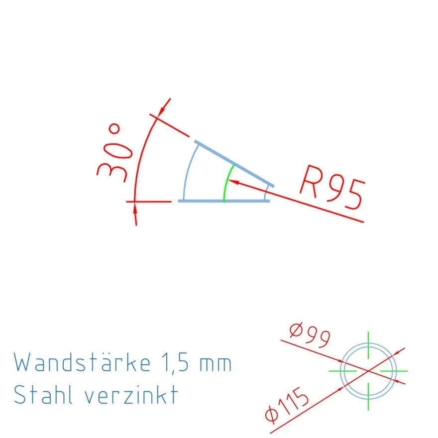 30° Pellet-Rohrbogen kleiner Radius 95mm, NW 100, 2 Stück, mit Bördelrand