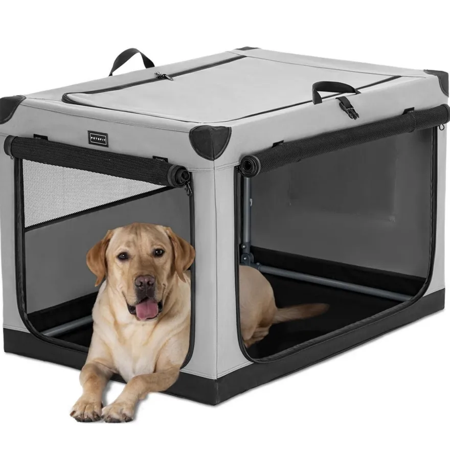 Petsfit Faltbare Hundebox für Zuhause und Auto, Stoffbezug, 91x61x59 cm, Grau