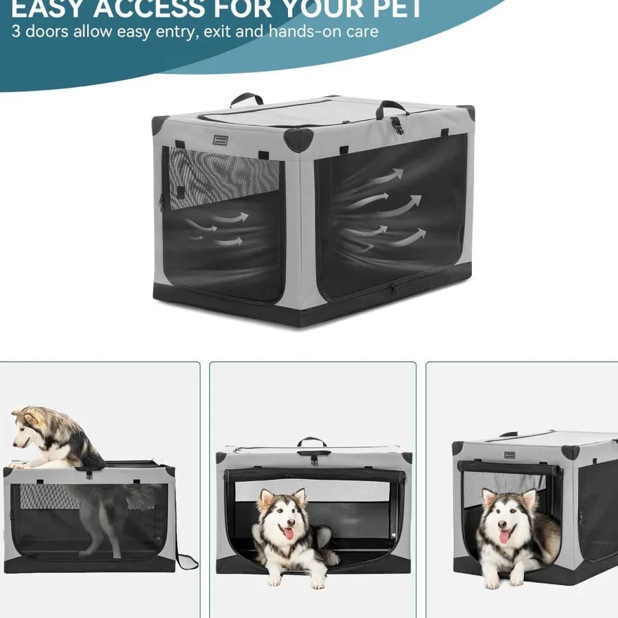 Petsfit Faltbare Hundebox für Zuhause und Auto, Stoffbezug, 91x61x59 cm, Grau