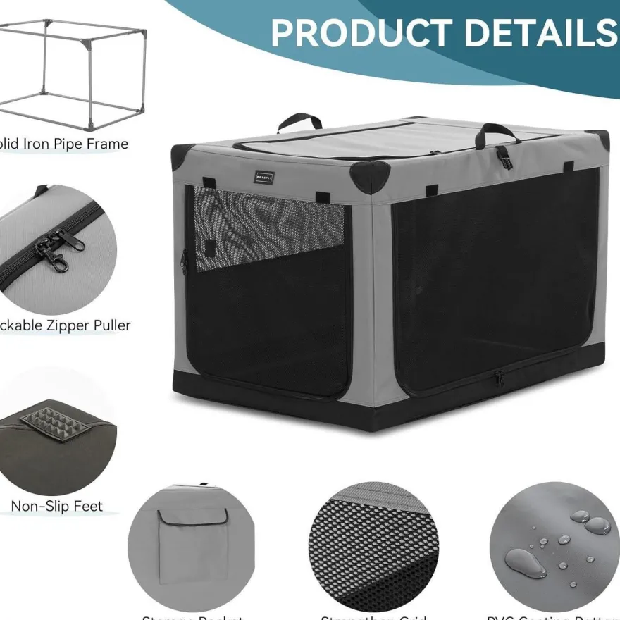 Petsfit Faltbare Hundebox für Zuhause und Auto, Stoffbezug, 91x61x59 cm, Grau