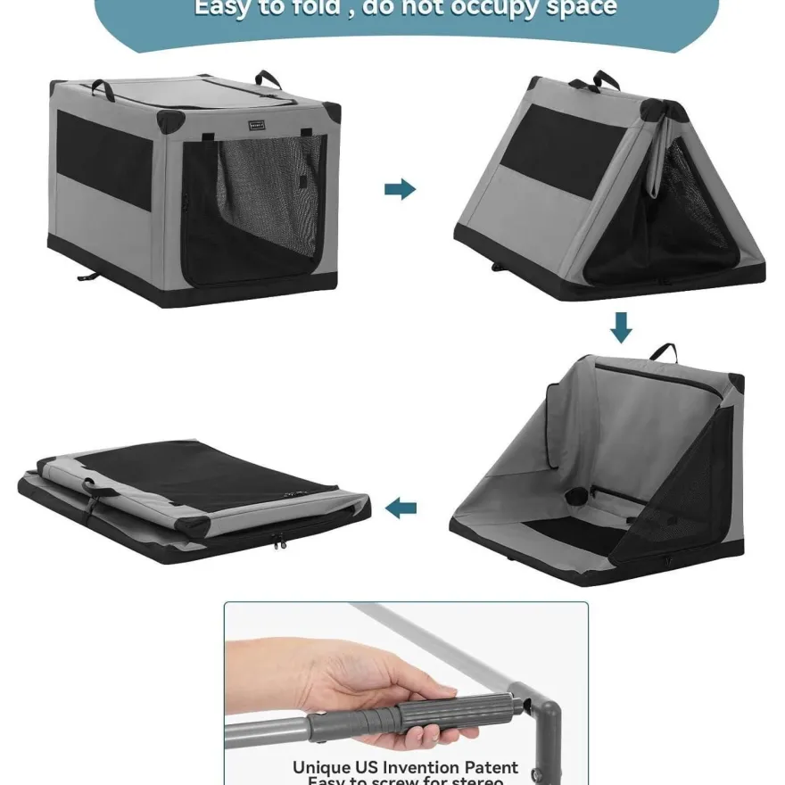 Petsfit Faltbare Hundebox für Zuhause und Auto, Stoffbezug, 91x61x59 cm, Grau