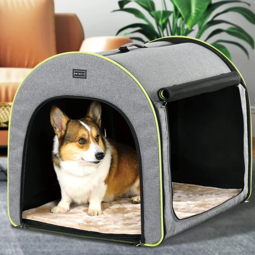 Petsfit Faltbare Hundebox für mittelgroße Hunde, Transportbox mit Plüschkissen