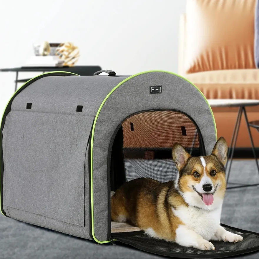 Petsfit Faltbare Hundebox für mittelgroße Hunde, Transportbox mit Plüschkissen