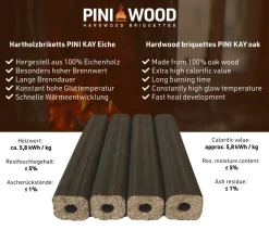 PINI Kay Eichenholzbriketts 23 cm lang viereckig mit Zugloch 15 kg Hartholzbriketts