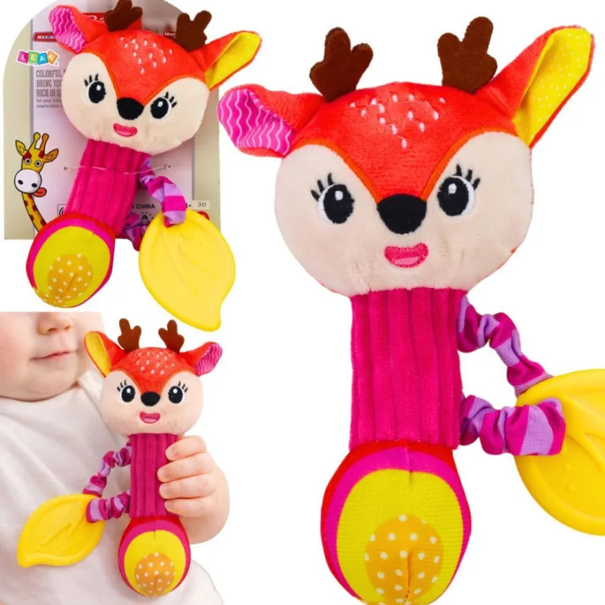Plüsch-Hirschrassel mit Beißring und Quietscher für Babys