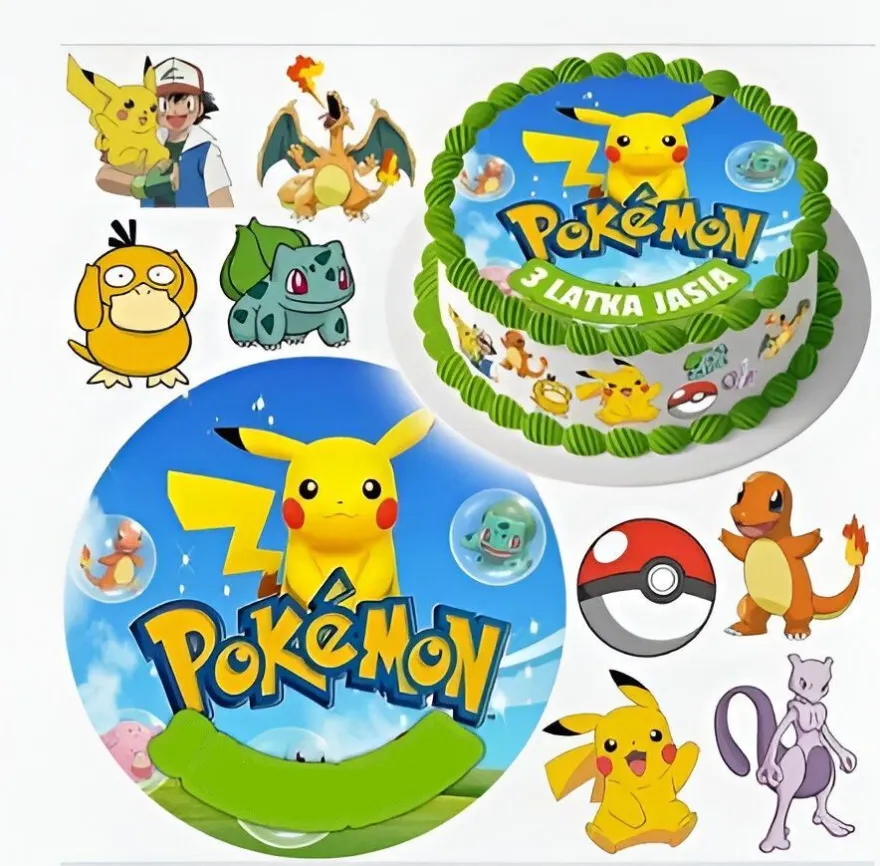 Pokemon Pokeball Pikachu Essbar Zuckermasse Tortenbild Tortenaufleger + 4 Muffin