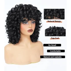 Porsmeer Afro Perücke Damen Synthetik Kinky Curly mit Pony Natürliche Haar für