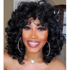 Porsmeer Afro Perücke Damen Synthetik Kinky Curly mit Pony Natürliche Haar für
