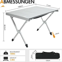 PORTAL Campingtisch Aluminium faltbar, höhenverstellbar, 108x71cm, belastbar