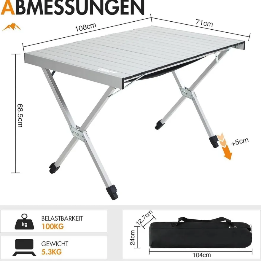 PORTAL Campingtisch Aluminium faltbar, höhenverstellbar, 108x71cm, belastbar
