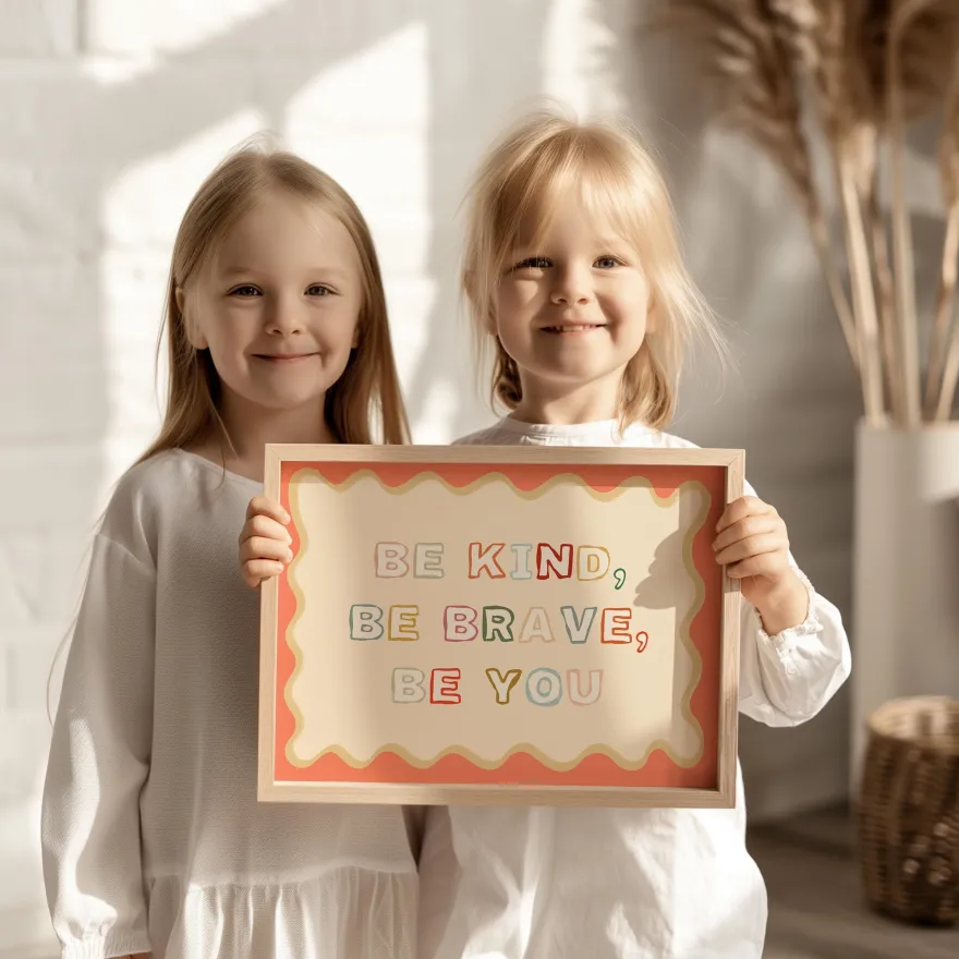 Poster Kinderzimmer · Be Kind, Be Brave, Be You · Bunter Spruch in Regenbogen