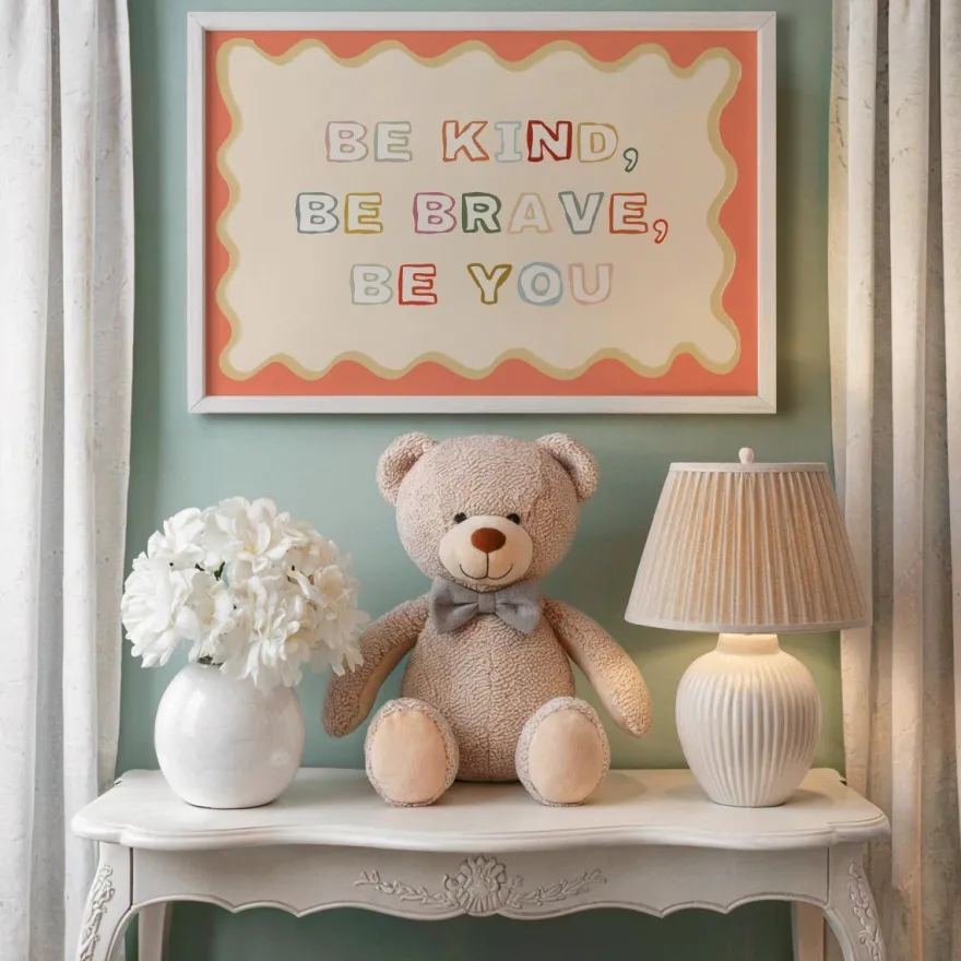 Poster Kinderzimmer · Be Kind, Be Brave, Be You · Bunter Spruch in Regenbogen