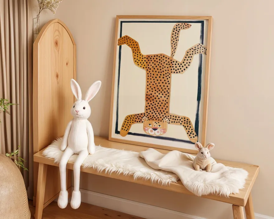 Poster Kinderzimmer Tier · Gepunkteter Leopard Kopfstand · Lustiges Wandbild