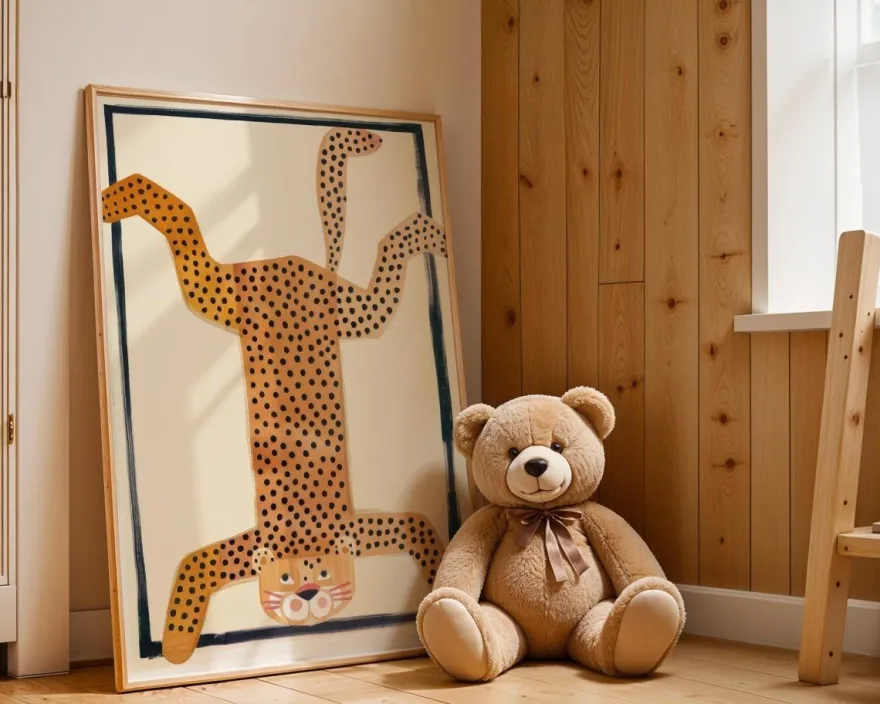 Poster Kinderzimmer Tier · Gepunkteter Leopard Kopfstand · Lustiges Wandbild