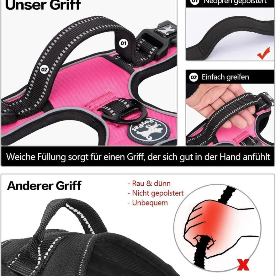 PoyPet Kein Pull Hundegeschirr mit Griff, Rosa, Größe L - Ideal für Training