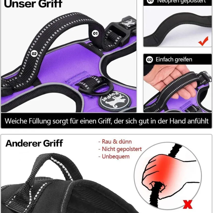 PoyPet Reflektierendes Hundegeschirr, Front-Clip, Violett, Größe S