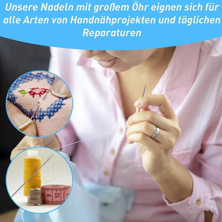 50 Premium-Nadeln mit großem Öhr, 5 Größen, Ledernadel Stickgarn, Edelstahlgarn