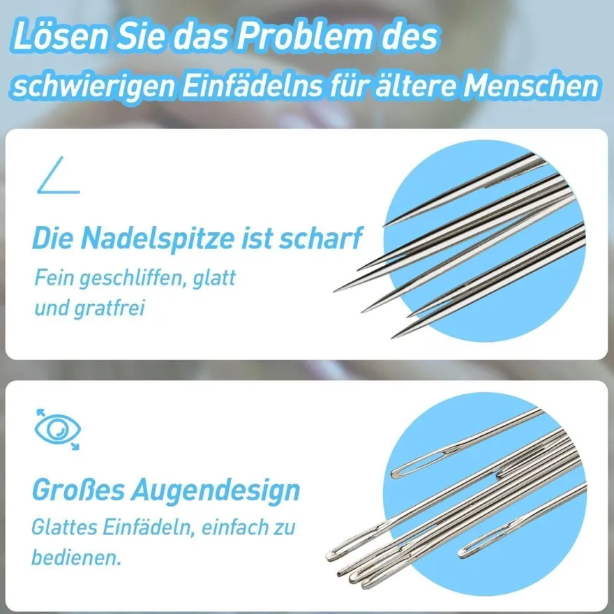 50 Premium-Nadeln mit großem Öhr, 5 Größen, Ledernadel Stickgarn, Edelstahlgarn