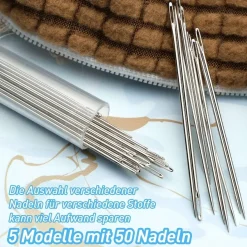50 Premium-Nadeln mit großem Öhr, 5 Größen, Ledernadel Stickgarn, Edelstahlgarn