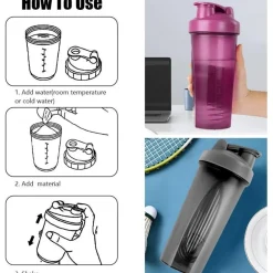 Protein Shaker 600ml Eiweiß Messskala BPA frei auslaufsicher Schwarz Lila