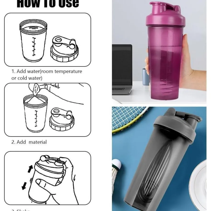 Protein Shaker 600ml Eiweiß Messskala BPA frei auslaufsicher Schwarz Lila