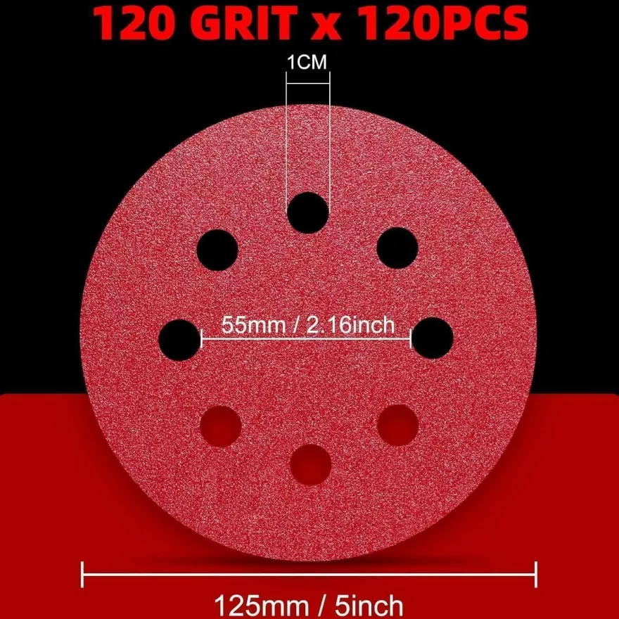 Pukamam 120 Stück Schleifpapier 125mm Klett P120 Körnung für 8 Loch