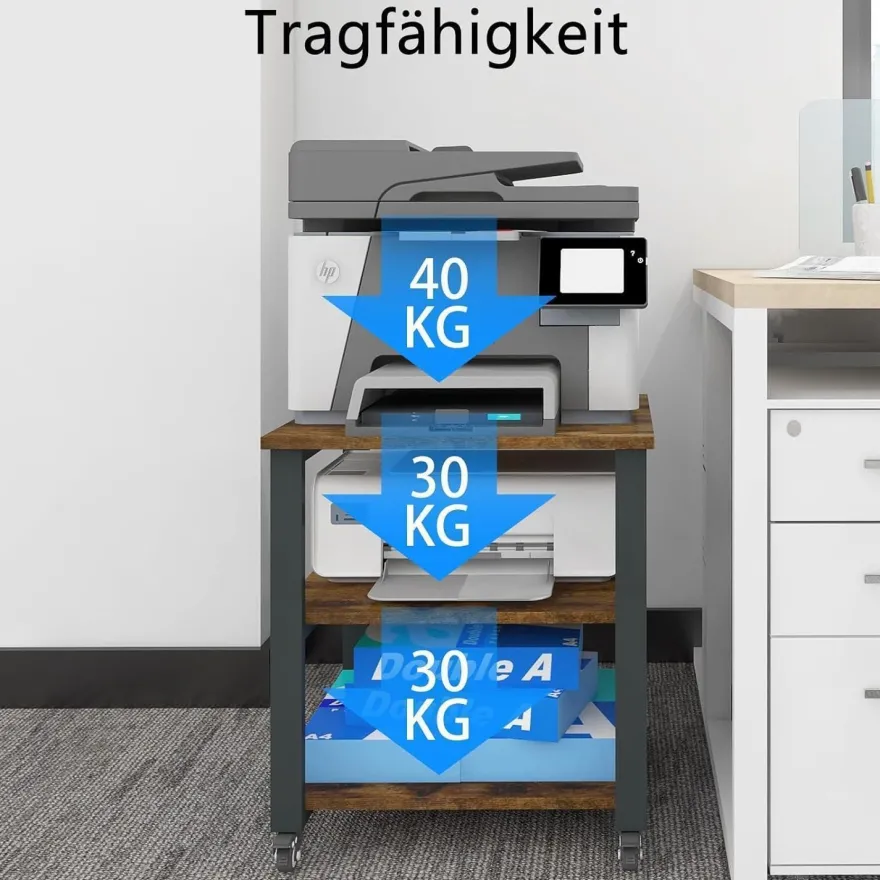 PUNCIA 3-Ebenen Druckertisch mit Rollen, mobil, Holz & Metall, 50x50x50 cm Retro
