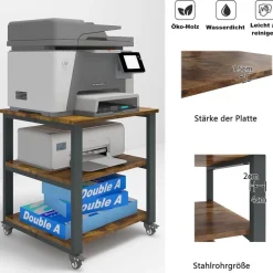 PUNCIA 3-Ebenen Druckertisch mit Rollen, mobil, Holz & Metall, 50x50x50 cm Retro