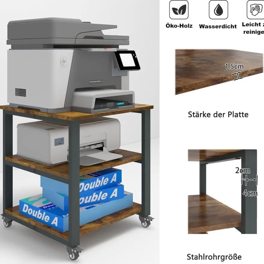 PUNCIA 3-Ebenen Druckertisch mit Rollen, mobil, Holz & Metall, 50x50x50 cm Retro