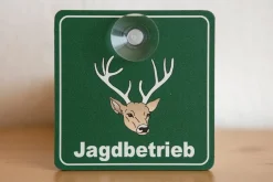 PVC-Schild mit Saugnapf: Jagdbetrieb 10x10cm, Jagdschild fürs Auto