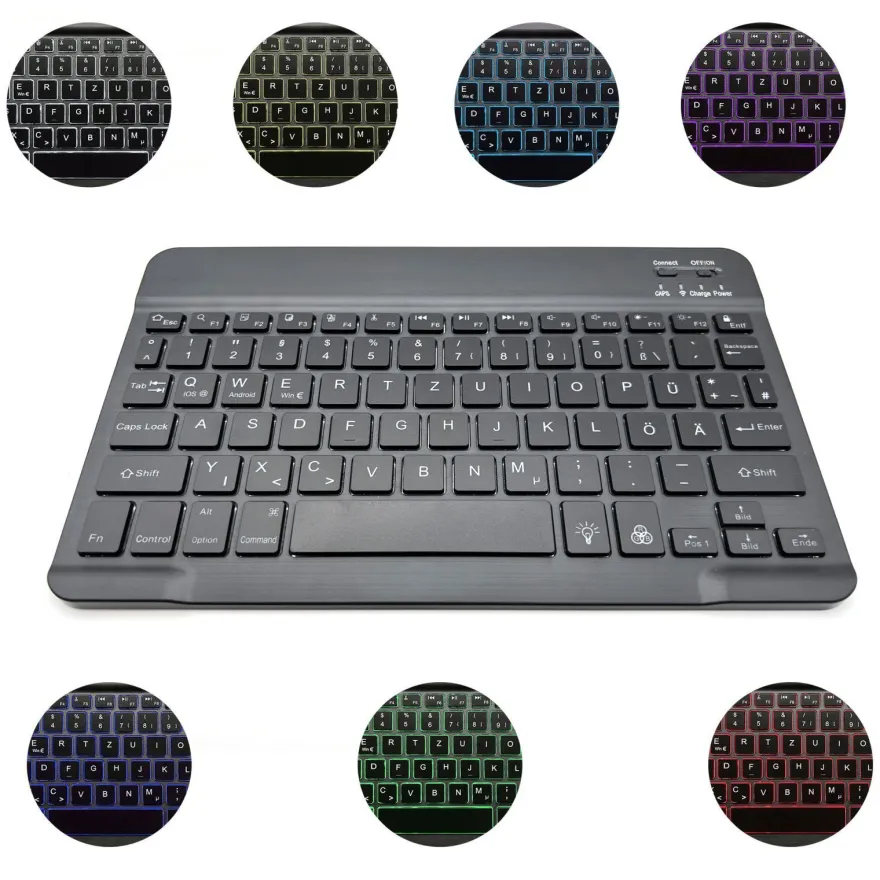 QWERTZ Bluetooth-Tastatur beleuchtet Keyboard für iPad Android & Windows Tablets