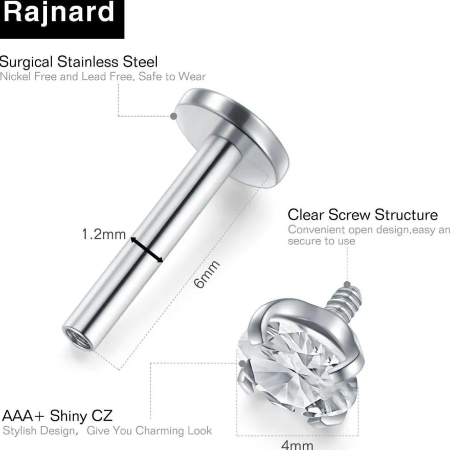 Rajnard 2er Set 16G Chirurgenstahl Lippenpiercing Labret mit Zirkon, Silber
