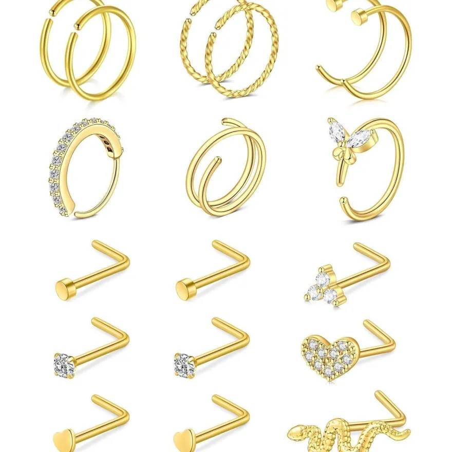 Rajnard 316L Chirurgenstahl Nasenpiercing Set 20G 8mm 7mm Silber/Gold L-Form