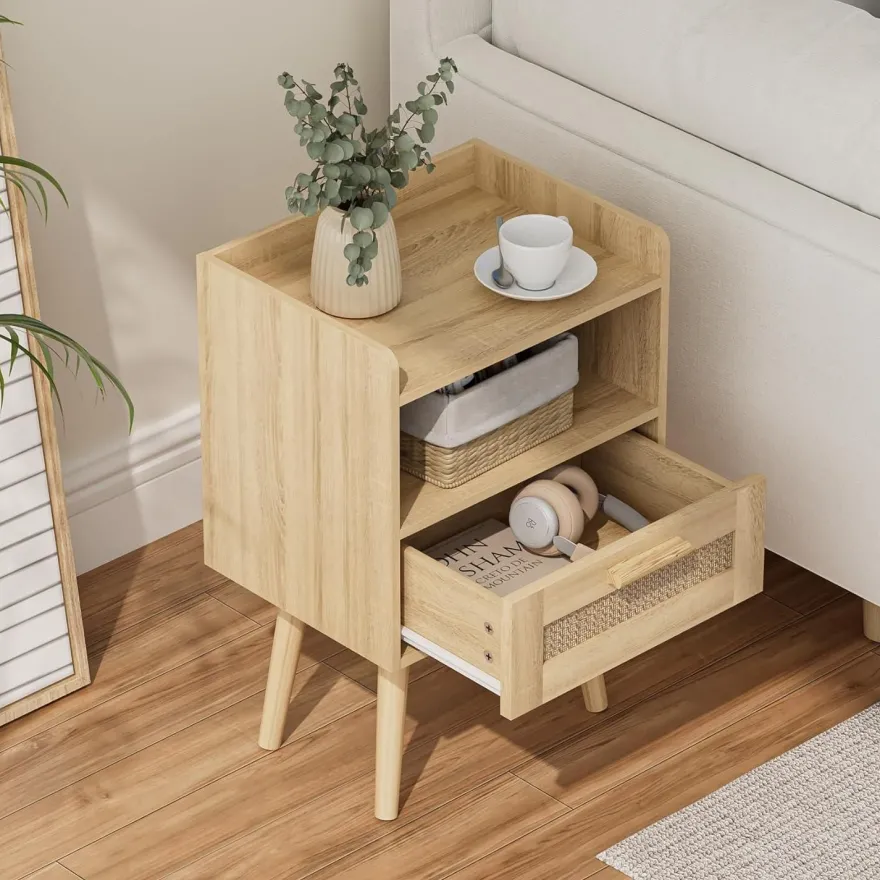 Rattan Nachttisch Schublade Holz Beine Schlafzimmer Wohnzimmer Eiche