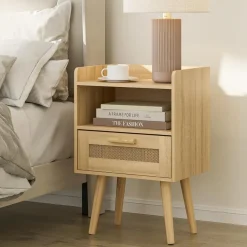 Rattan Nachttisch Schublade Holz Beine Schlafzimmer Wohnzimmer Eiche