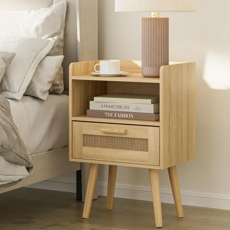Rattan Nachttisch Schublade Holz Beine Schlafzimmer Wohnzimmer Eiche