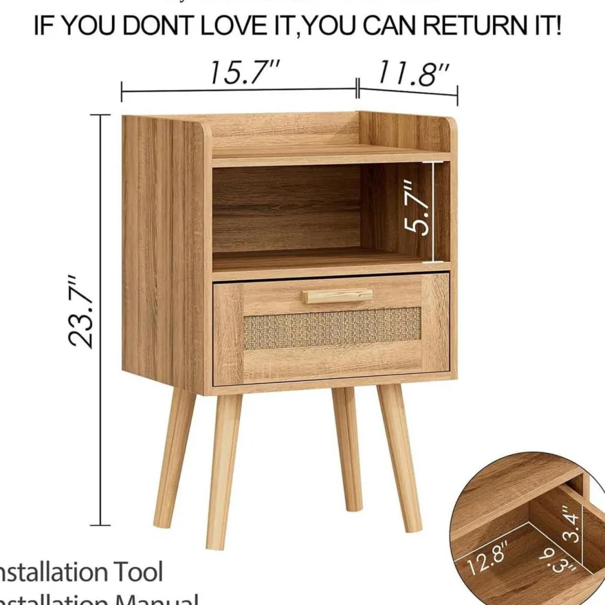 Rattan Nachttisch Schublade Holz Beine Schlafzimmer Wohnzimmer Eiche