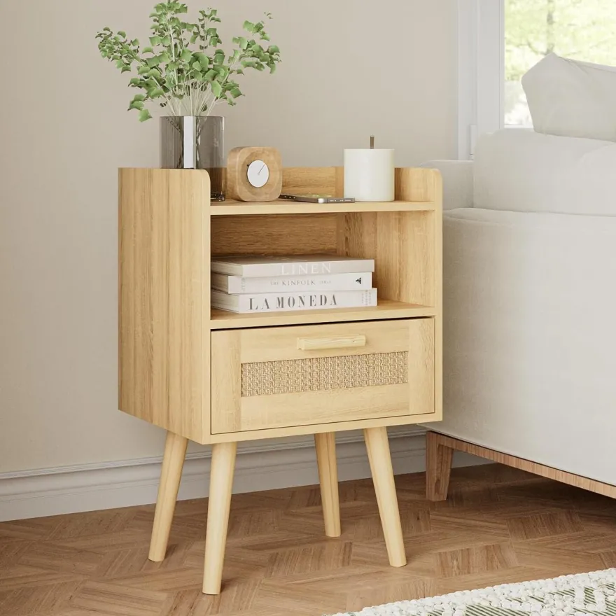 Rattan Nachttisch Schublade Holz Beine Schlafzimmer Wohnzimmer Eiche